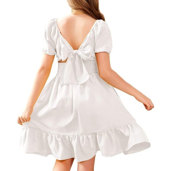 🆕Girls White Polyester Tie Back Short Sleeve Ruffle Hem Off Shoulder Dress - Picture 1 of 7